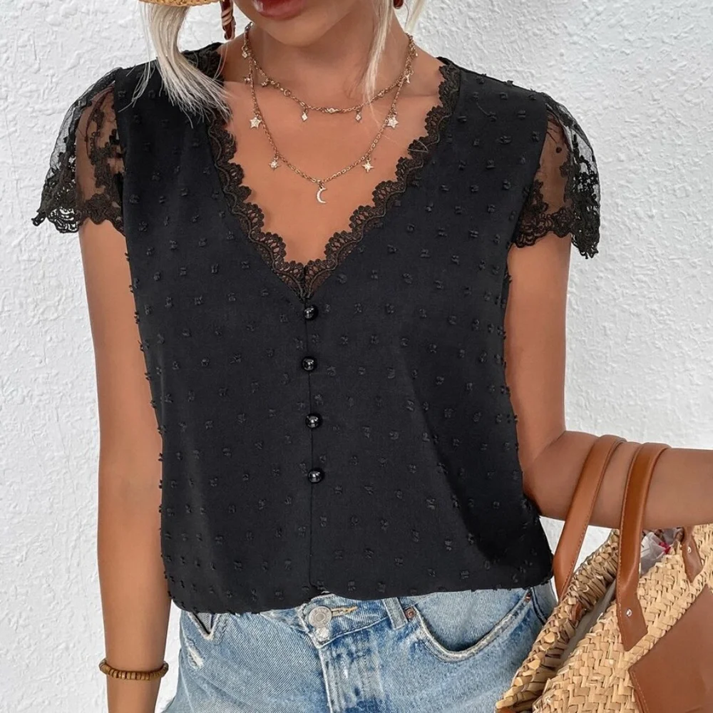 Boho Swiss Dot Floral Lace Blouse - Picture 2 of 13